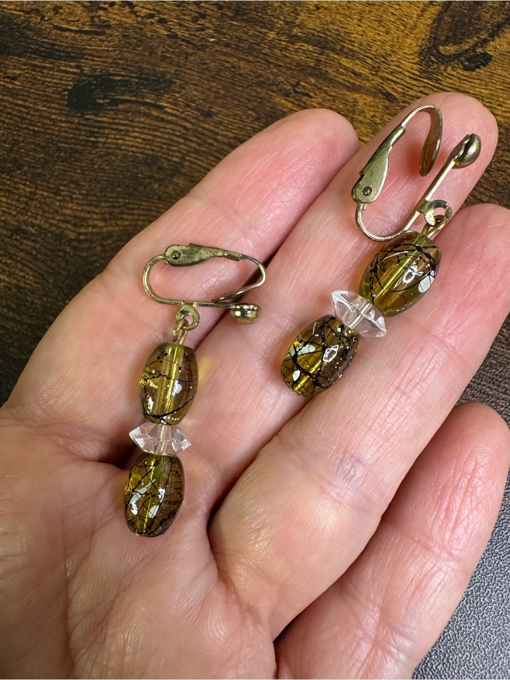 Vintage Olive and Clear Crackle Glass Drop Earrings